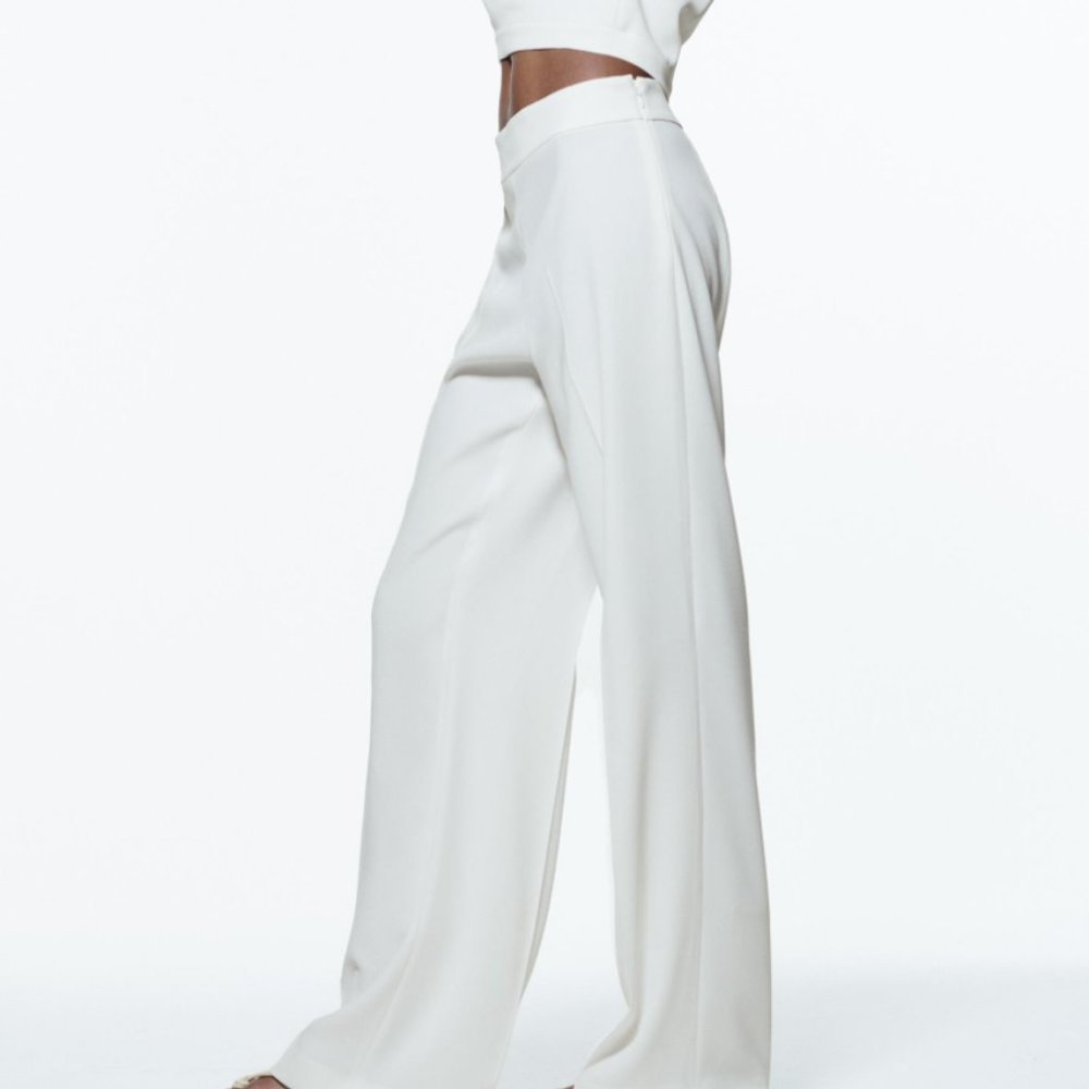 ZARA WHITE CREPE LONG FLOWY SIDE ZIPPER TROUSERS PANTS $49.90